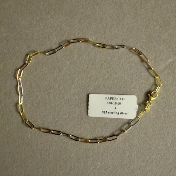 3mm Tri Gold Paperclip Anklet 10in/ 925 Silver Made In Italy BSI~NEW - Picture 6 of 6